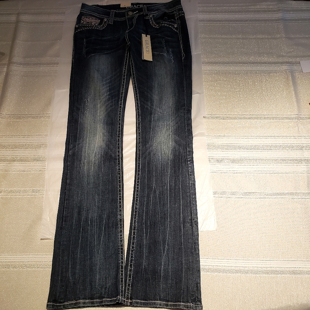 Grace In LA NEW Jeans Denim Embellished Jewel Stud Bead Mesh Slim Bootcut Womens - Picture 2 of 16